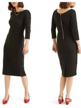 Boden Classic Black Dress 3/4 Sleeve Cotton Blend Midi Work Formal Zip Size 4